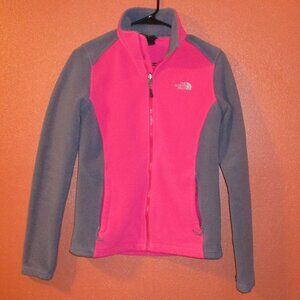 North Face Woman Small Petite Gray Pink Full Zip Pockets Outdoor Fleece Jacket